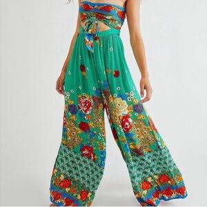 Free People Bali Birds of Paradise Strapless Green Vacation Jumpsuit Medium